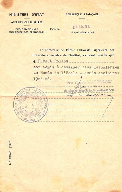 Admission à dessiner dans les galeries du musée de l’École nationale supérieure des Beaux-Arts, année 1965-1966